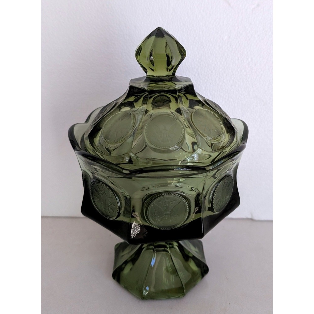 Fostoria Coin Pattern Candy Dish Green Vintage Glass Lidded Pedestal MCM 7.5in